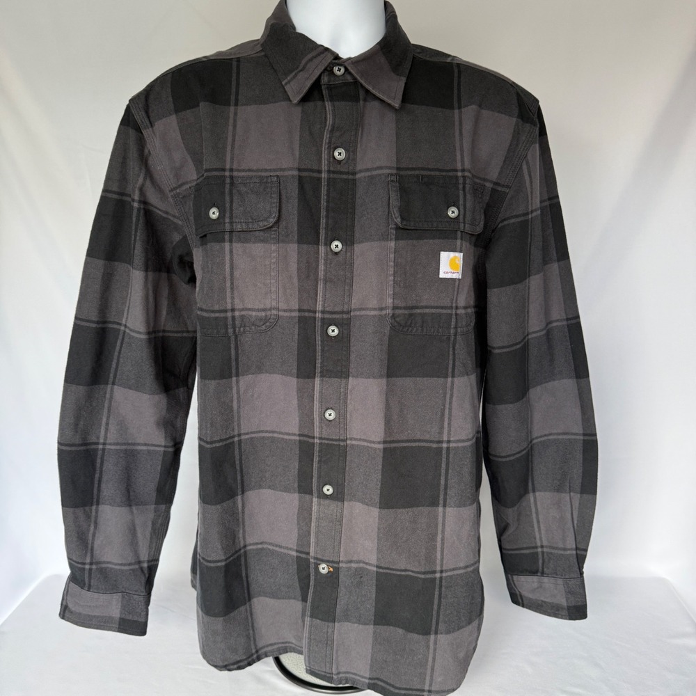 Carhartt Mens Loose Fit Heavyweight Flannel Long Sleeve Gray Black Plaid Medium